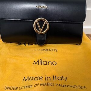 Valentino Black Leather Clutch with Gold Logo